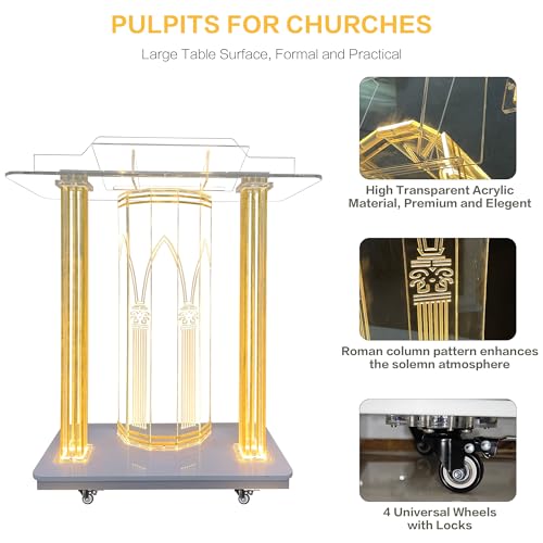 Petolovty Clear Acrylic Podium Stand with LED - 46" Large Lectern for Classroom, Church, Concerts