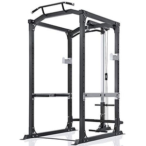 Power Rack Squat Rack Power Cage with LAT Pulldown Strength Training Smith Machine 1600-Pound Capacity 14 Height Adjustable Squat Cage with Pull-up Bar for Home Gym Barbell