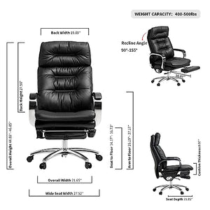 Kinnls Vane Massage Office Chair with Footrest - Executive Genuine Leather Desk Task Chair - 500lbs (Black)