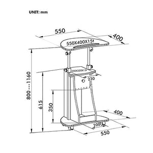 None Adjustable Rolling Laptop Cart Sit-to-Stand Teacher Podium Desk Steel Frame Mobile Standing (Black, 55x40x116cm)