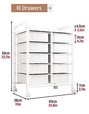 WAHHWF White Rolling Cart with 10 Drawers - Multipurpose Utility Drawer Cart