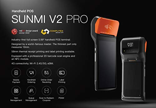 POS Receipt 58mm Thermal Printer with Android OS 6" HD Touch Screen,Support 4G, NFC, 2D Cam, Bluethooth, Wi-Fi Compatible with Loyverse iREAP and CashStock for Sales Retail Print, Sunmi V2 PRO