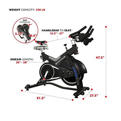 Sunny Health & Fitness ASUNA 7150 Minotaur Exercise Bike Magnetic Belt Drive Commercial Indoor Cycling Bike with 330 LB Max Weight, SPD Style / Cage Pedals and Aluminum Frame, Black