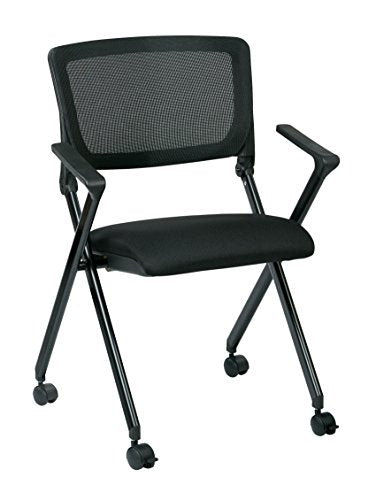 Office Star Breathable Flexible Mesh Back Folding Nesting Chair with Padded Fabric Seat and Casters, 2-Pack, Black with Black Frame