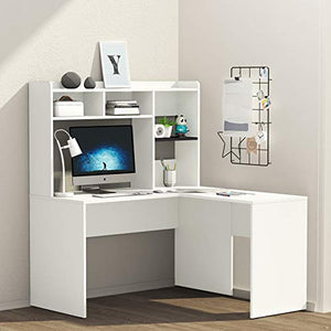 Sunon L-Shaped Computer Desk Corner Desk Home Office Office Study Workstation with Bookshelf (White)