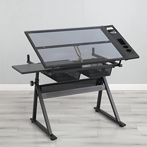 Vanchko Adjustable Drafting Table Craft Station with Tempered Glass and Chair
