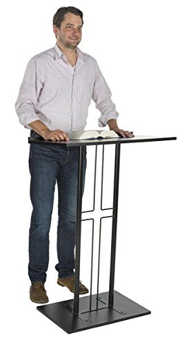 Displays2go Cross Podium, Floor Standing Pulpit, Slanted Top, Steel/Wood Base, Black