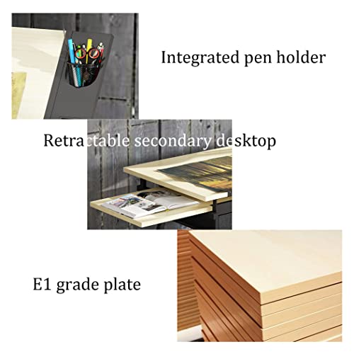 FLaig Adjustable Drafting Table with Stool, 2 Drawers, Metal Frame, Tiltable Art Craft Desk, Wooden Tabletop with Storage