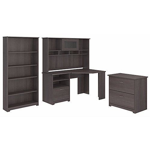 Cabot Corner Desk with Hutch, Lateral File Cabinet and 5 Shelf Bookcase
