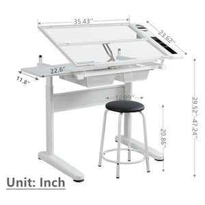 Gynsseh Glass Drafting Table with Stool, Height Adjustable, Tilting Tabletop - S2-White