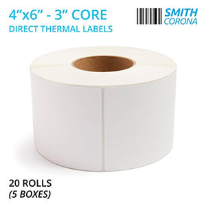 Smith Corona - 20 Rolls, 4'' x 6'' Direct Thermal Labels, 3'' Core, 20000 Labels Total, Made in the USA, For 3" Core Industrial Printers (20 Rolls)
