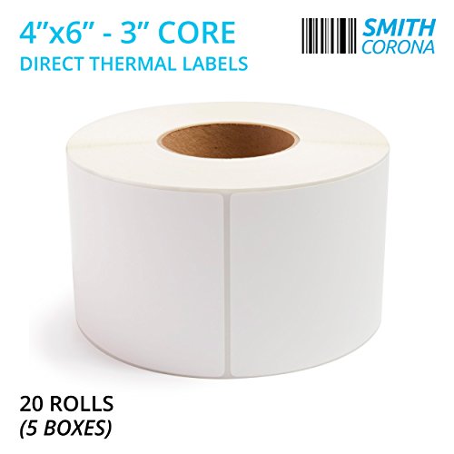 Smith Corona - 20 Rolls, 4'' x 6'' Direct Thermal Labels, 3'' Core, 20000 Labels Total, Made in the USA, For 3" Core Industrial Printers (20 Rolls)
