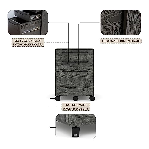 Unique Furniture Alaida 3-Drawer Mobile Vertical File Cabinet with Locking Caster, Full Extension Slides, Soft Close - Grey