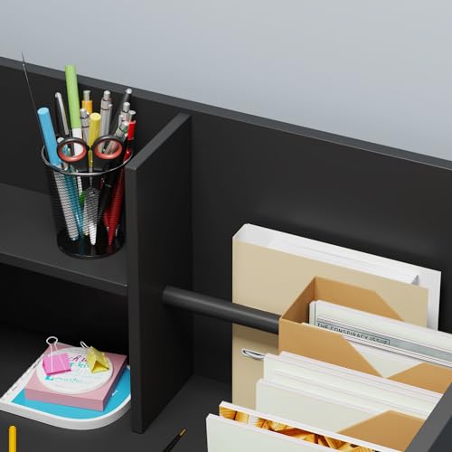 MOUMON Reception Desk Counter with Large Storage, Silver Tapes, Black (47.3”W x 18.3”D x 43.3”H)