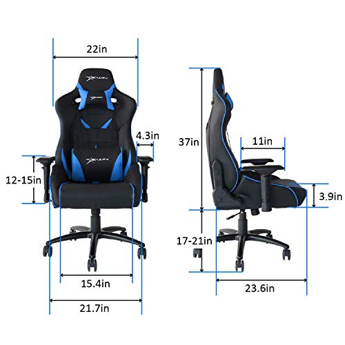 EWin Computer Gaming Office Chair 330lbs 4D Adjustable Armrests Ergonomic High-Back PU Leather Tilt Rocker Seat Height Adjustment Mechanisms Black Blue with Pillows(Flash Normal Series)