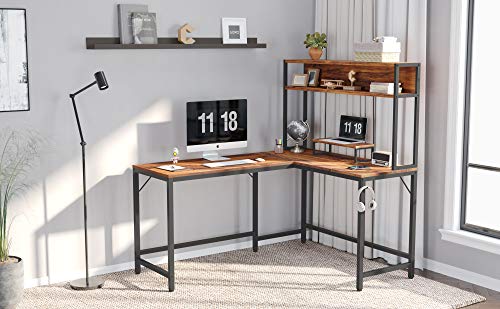 CubiCubi L-Shaped Desk with Hutch,59" Corner Computer Desk,Home Office Gaming Table Workstation with Storage Bookshelf,Dark Rustic