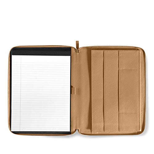 Leatherology Camel Left-Handed Compatible Full Grain Leather Executive Zippered Portfolio | Professional Business Padfolio Folder | Includes Letter Sized Notepad