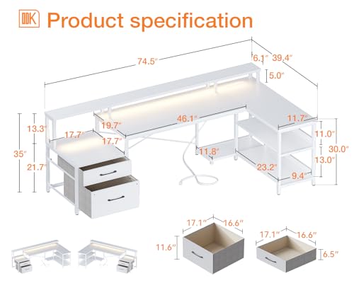ODK L Shaped Desk with File Drawer, 75" Reversible Computer Desk, Power Outlet, LED Strip, Storage Shelves, Monitor Shelf - White
