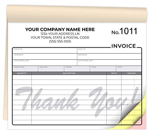 Custom Carbonless Invoice Form Books 8.5 x 7 Inches - NCR 3-Part Staple Bound Pads with Manila Cover Personalized with Company Name and Number Printed (3-Part [White/Yellow/Pink], 1200 Qty)