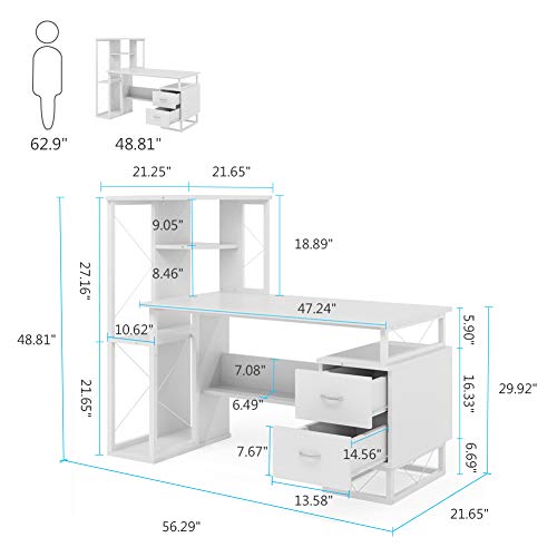Tribesigns Computer Desk with Drawers, Functional Writing Desk with Corner Tower Shelves Works as Home Office Compact Workstation Desk for Small Space (All White)