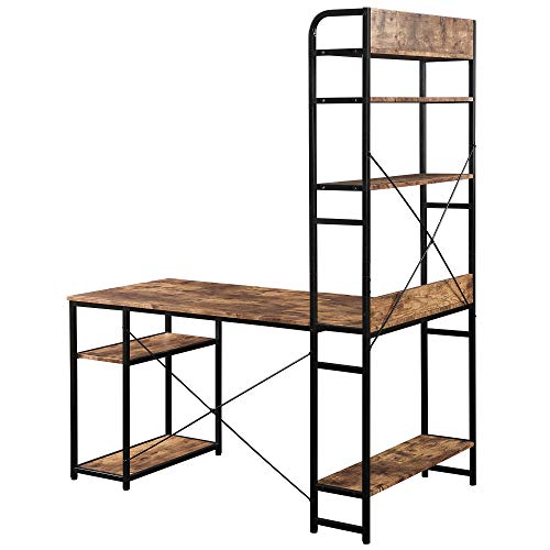 Modern Luxe L-Shaped Corner with Bookshelf 2-Pieces Computer PC Table Set Home Office Desk with Shelves, Brown