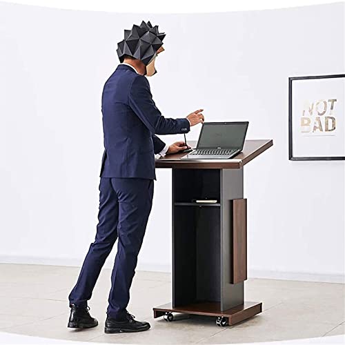 AZBROW Portable Podium with Locking Wheels, Wooden Conference Room Lecture Desk, 60 * 70 * 118 CM (Brown)