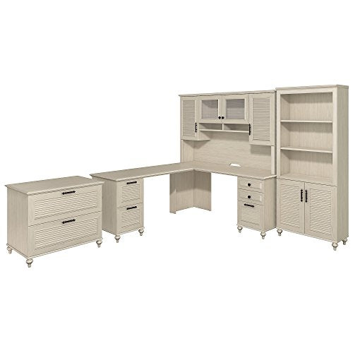 kathy ireland Home by Bush Furniture Volcano Dusk L Shaped Desk with Hutch, Bookcase & Lateral File Cabinet in Driftwood Dreams