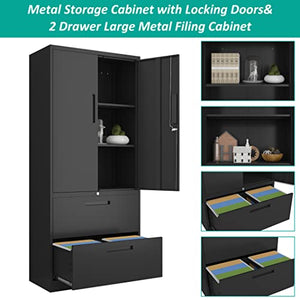 SISESOL Metal Storage Cabinet with Drawers, 71" File Cabinets - Black, 2 Drawers