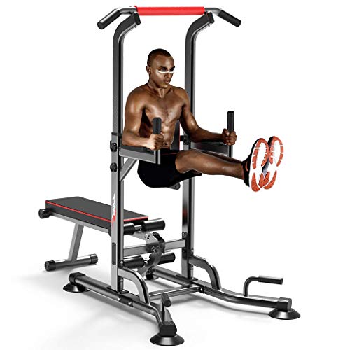 AT-X Power Tower Dip Station Pull Up Bar with Dumbbell Bench, 6 Level Adjustable Height (60-92 inches) for Home Gym Strength Training Fitness Equipment, Bearing 330lbs [US Stock]