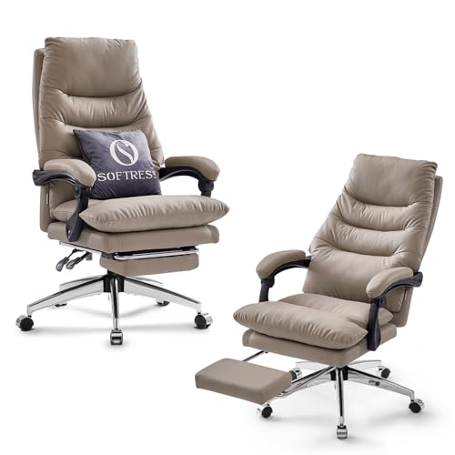 SOFTREST Ergonomic Executive Office Chair with Foot Rest - High Back, Reclining, Pu-Leather, Khaki