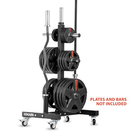 XMark Commercial Olympic Weight Plate Vertical Storage Tree, 750 lb Capacity, with Two Bar Holders and Transport Wheels