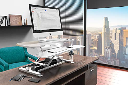 VersaDesk Power Pro USA Manufactured | Electric Height-Adjustable Desk Riser | Standing Desk Converter | Sit to Stand Desktop with Keyboard + Mouse Tray | 36" X 24" | All White
