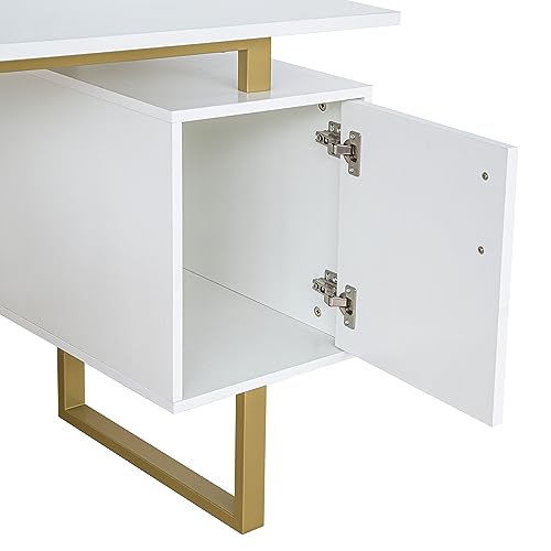 Techni Mobili Modern Office Desk with Storage Drawers and Cabinet, White/Gold