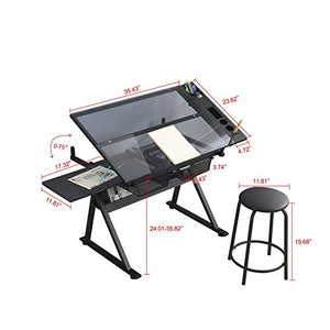 L-sister Perfect Embellishment Studio Design Folding Innovative Glass Table 40 Inch Drafting Table Craft Table Adjustable Toughened Glass Drafting and Printing Table Studio Table with Drawers Easy to