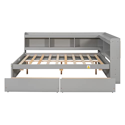 BQXDJT Full Size Wood Floor Bed with L-Shaped Bookcases and Storage Drawers - Grey
