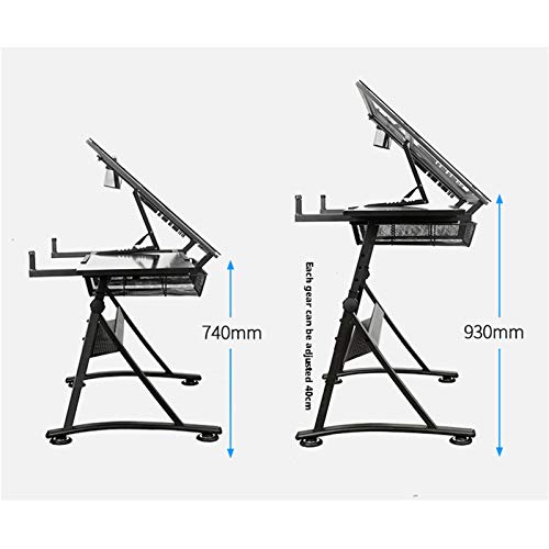 XIONGGG Multifunctional Glass Drafting Table Height Adjustable Drawing Desk W/ 2 Storage Drawer, Tiltable Desk Art Table