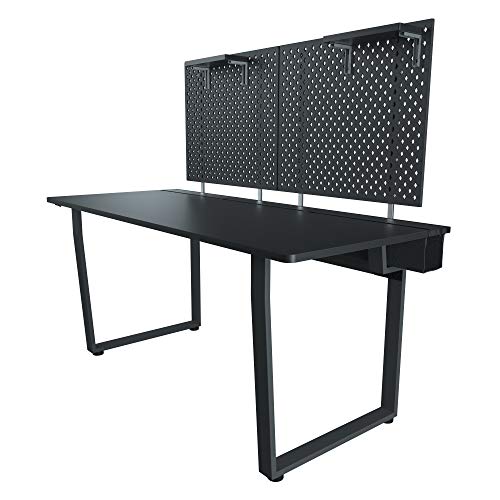 DEZCTOP Bifrost 63W x 28D Gaming PC Computer Desk with Shelves, Large Workstation for Gamers or Home Office with Pegboard, Built-in Cable Management, Stainless Steel Frame (Black)