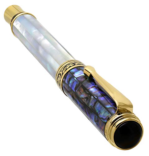 Xezo Maestro Handcrafted Oceanic Origin White Mother of Pearl and Paua Sea Shell Serialized Fine Fountain Pen. 18K Gold, Platinum Plated. No Two Alike