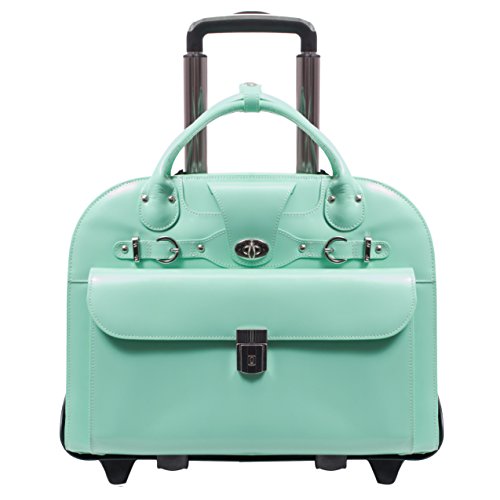 Detachable-Wheeled Women's Briefcase, Leather, 15.6" in, Mint - Roseville | McKlein - 96642