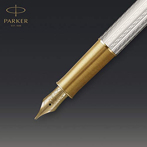 PARKER Sonnet Fountain Pen | Premium Silver Mistral Finish with Gold Trim | Fine 18k Gold Nib with Black Ink Cartridge | Gift Box