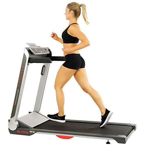 Sunny Health & Fitness No Assembly Motorized Folding Running Treadmill, 20" Wide Belt, Flat Folding & Low Profile for Portability with Speakers for USB and AUX Audio Connection - Strider, SF-T7718