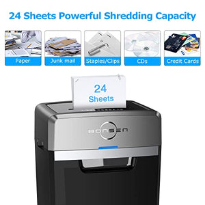 BONSEN Heavy Duty Paper Shredder, 24-Sheet Cross-Cut, 40-Min Continuous Run Time, 9-Gallon Basket