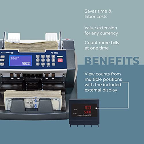 AccuBANKER AB5800 Bank Grade Value Extension Money Counter Machine with Total Value Per Denomination Hopper Capacity 300 Bills & Counterfeit Detector MG + UV (AB5800 with MP20 Thermal Printer)