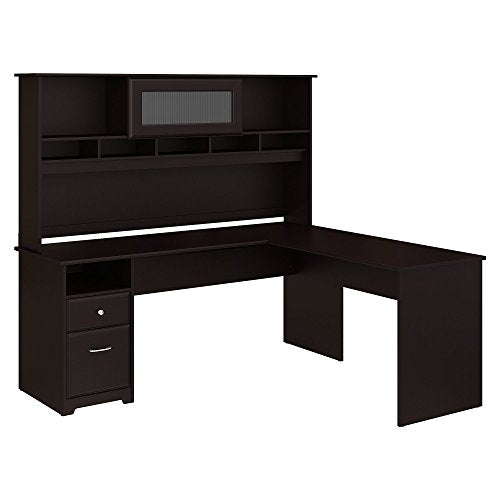 Bush Furniture Cabot 72W L Shaped Computer Desk with Hutch and Drawers in Espresso Oak
