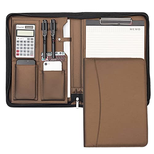 KGEZW A4 Leather Portfolio Binder Padfolio Organizer with Calculator Zipper Briefcase Notebook File Folder (Color : A)