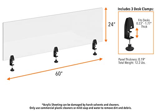 Stand Steady Clear Desktop Panel | Clamp On Protective Acrylic Shield & Sneeze Guard | Desk Divider Securely Attaches to Desks & Tabletops | for Offices, Schools, Libraries & More (60 x 24)