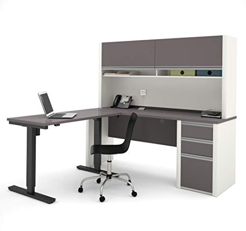 Bestar Connexion L-Desk with Hutch Including Electric Height Adjustable Table, Slate/Sandstone