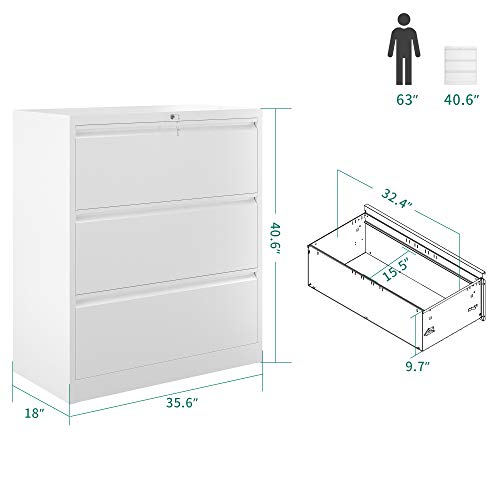 YITAHOME 3 Drawer Lateral File Cabinet with Lock, White - Legal/Letter A4 Size