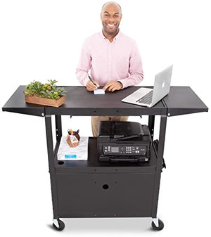 Stand Steady Line Leader Large AV Cart with Locking Cabinet & Drop Leaves, Rolling Height Adjustable Utility Cart with Pullout Laptop Keyboard Tray & Cord Management, Narrow Mobile Workstation (Black, 54 x 18)