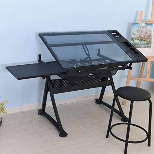 Lgan Tiltable Drawing Table, Adjustable Art Desk, with Storage Craft Table, Drafting Table Glass Panel, Child Adult Drawing Desk